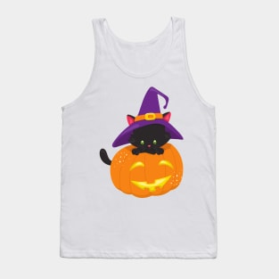 Halloween Cat, Black Cat, Witch Hat, Pumpkin Tank Top